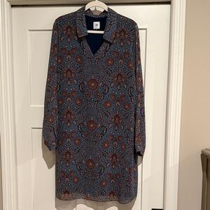 CAbi Blue and Brown Patterned Long Sleeve Dress